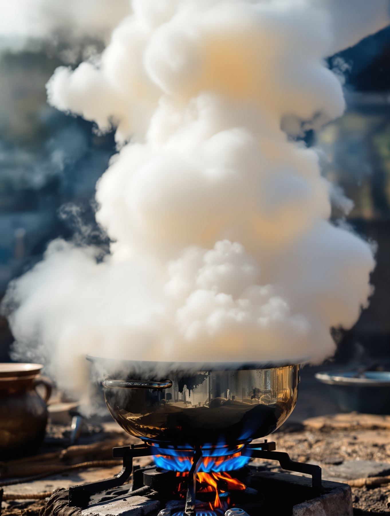 A dented aluminium pot on a roaring jet burner throwing a huge cloud of steam.