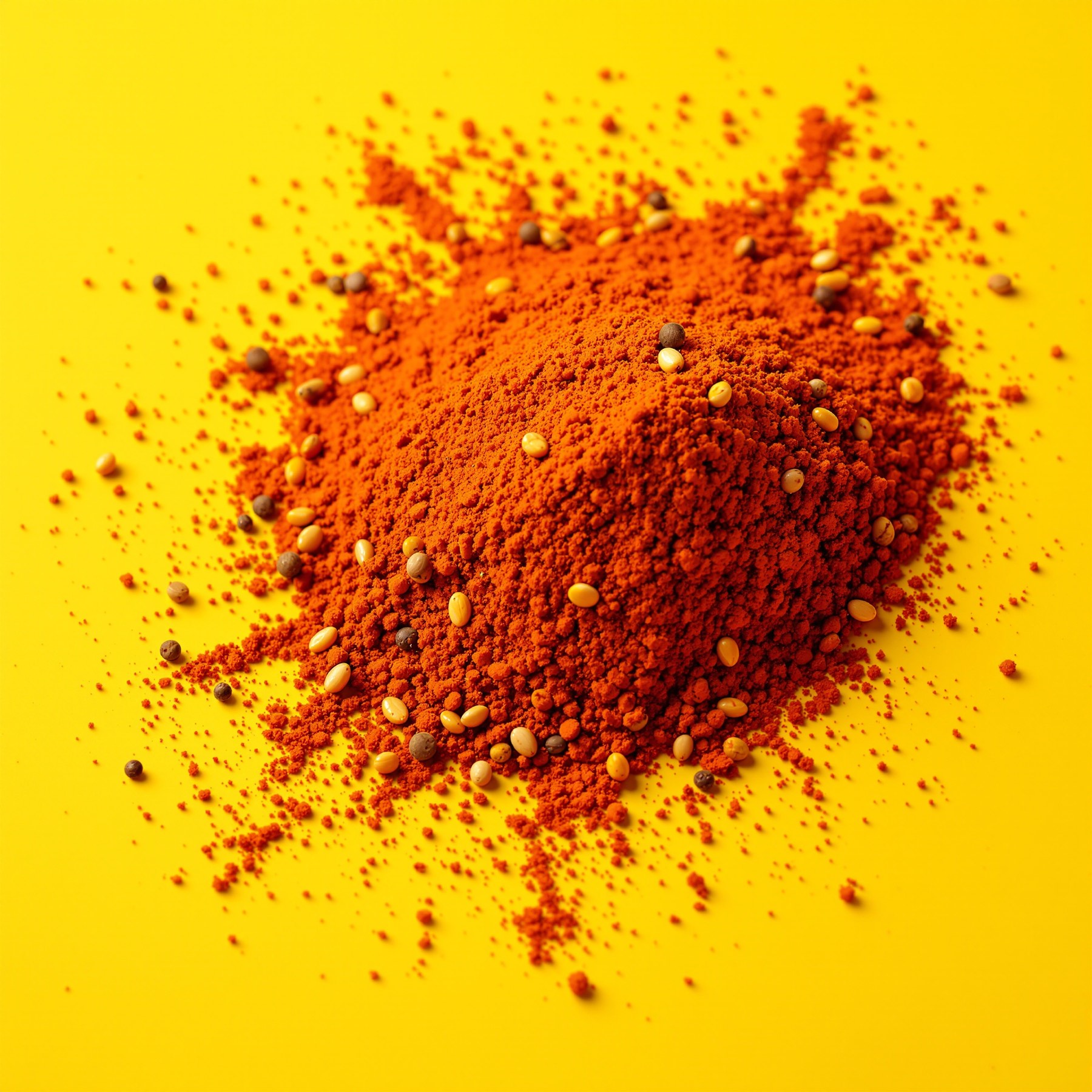 A heap of brick red crab boil seasoning with mustard seed and peppercorn.