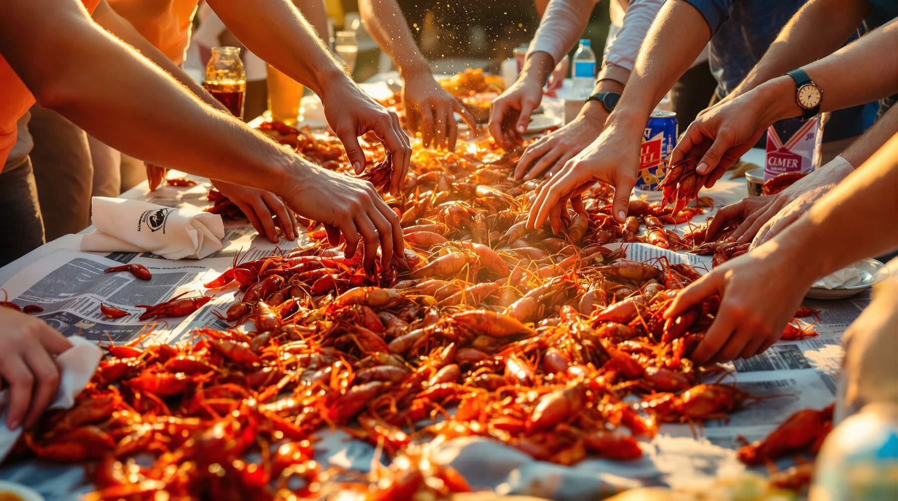 Hands reaching across a newspaper covered table piled with boiled crawfish.