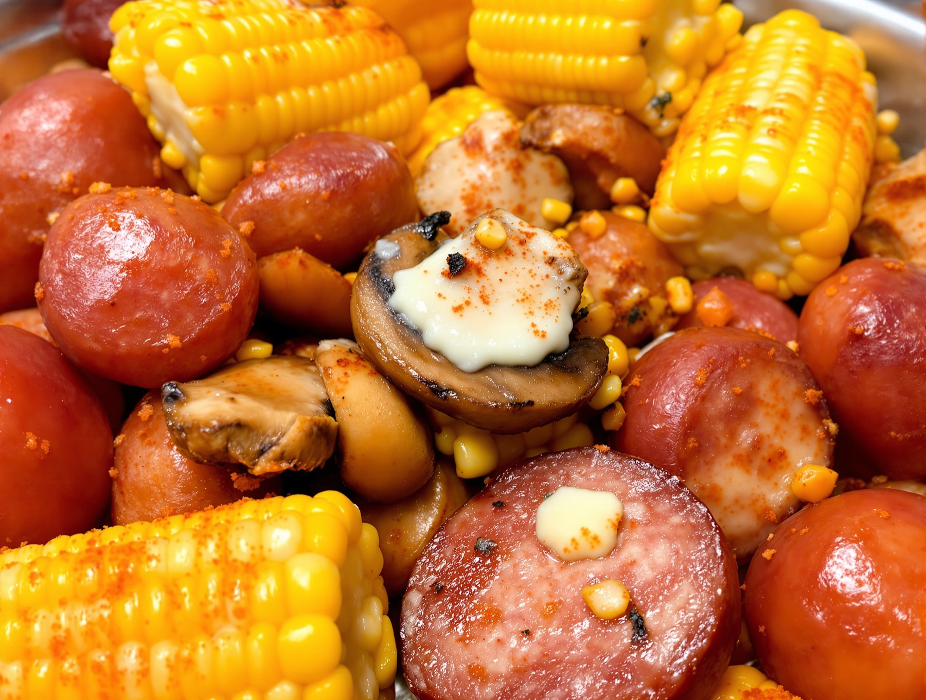 Corn, red potatoes and sausage glistening with orange seasoning butter.